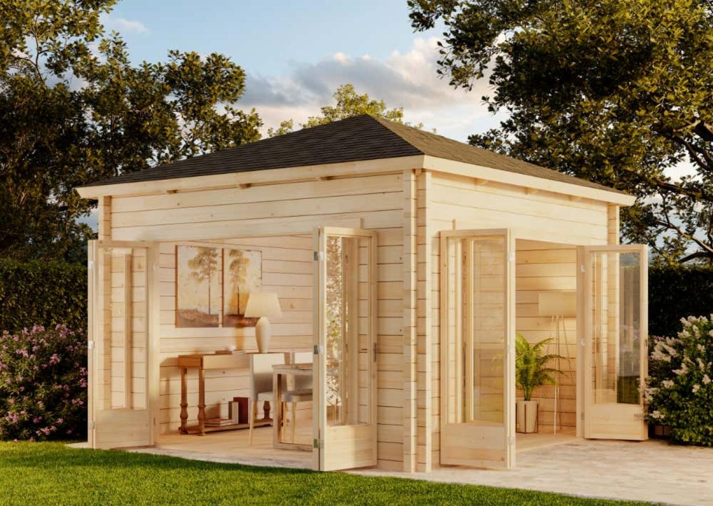 Alpholz Gartenhaus Sunshine ISO mit großer Falttür Gartenhaus aus Holz Holzhaus mit 40 mm Wandstärke Blockbohlenhaus mit Montagematerial Bild 1