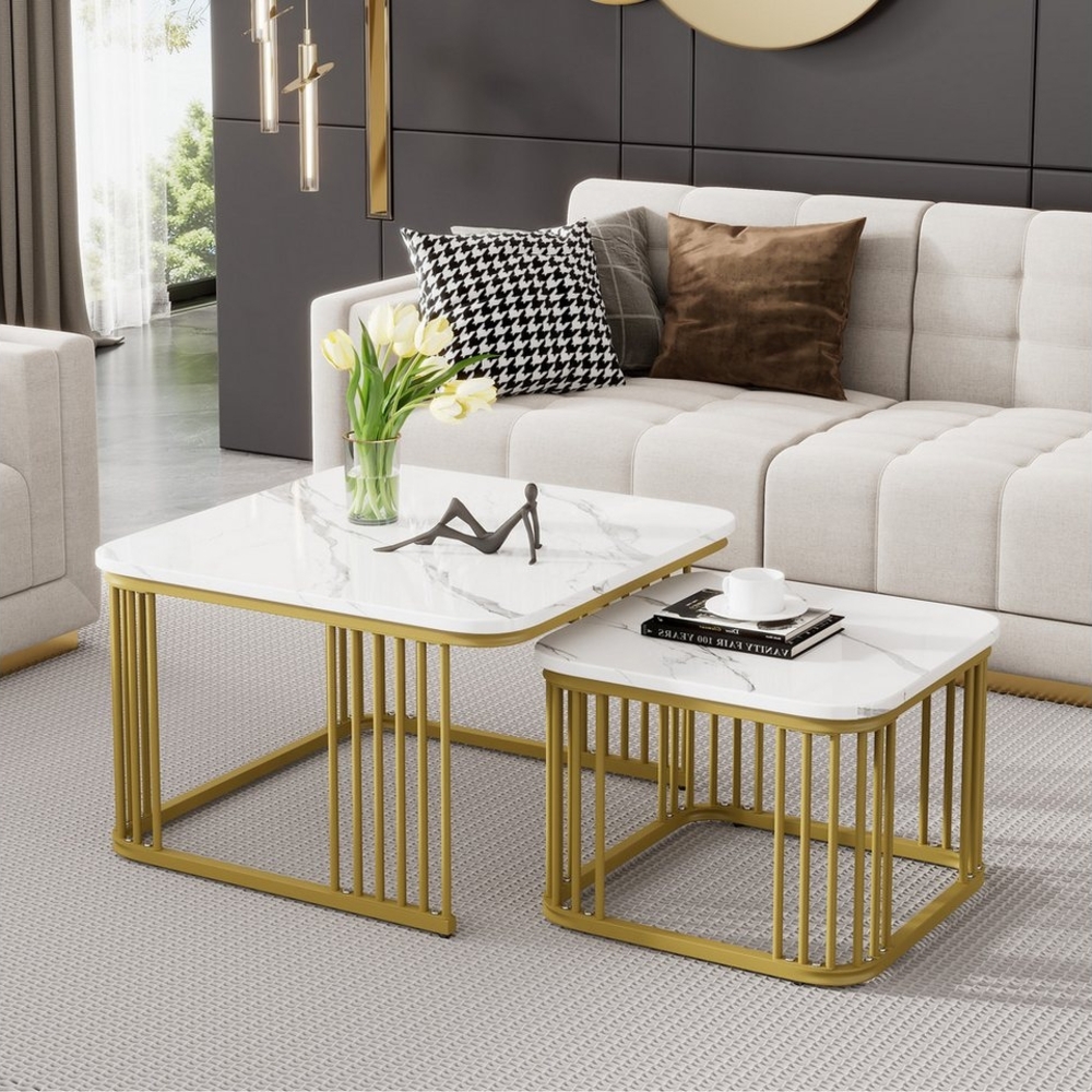 OKWISH Couchtisch und 2er Set, Beistelltisch (Quadratischer Couchtisch, robust und langlebig), PVC in Marmoroptik, Gold matt Stahlrohre Bild 1