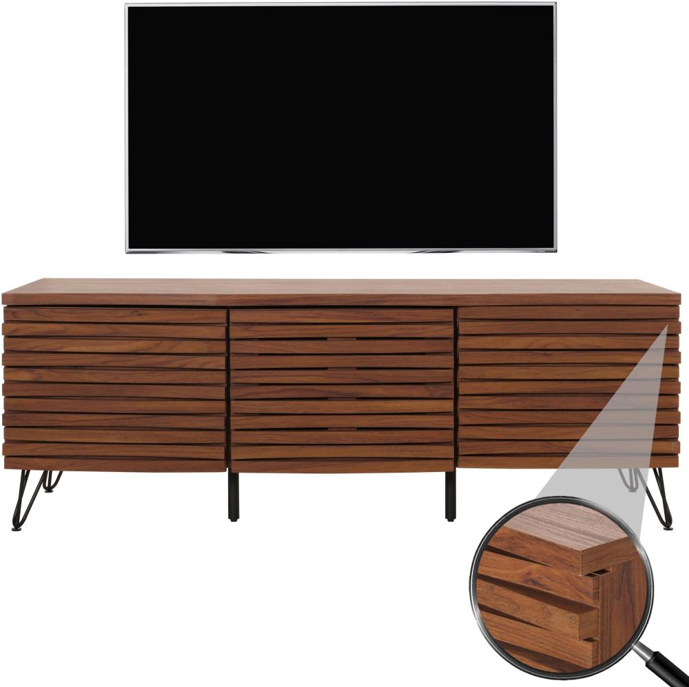 TV-Rack HWC-M49, Lowboard TV-Schrank, 3D-Design Staufächer, Massiv-Holz Mango Metall 52x142x44cm ~ Walnuss-Optik Bild 1