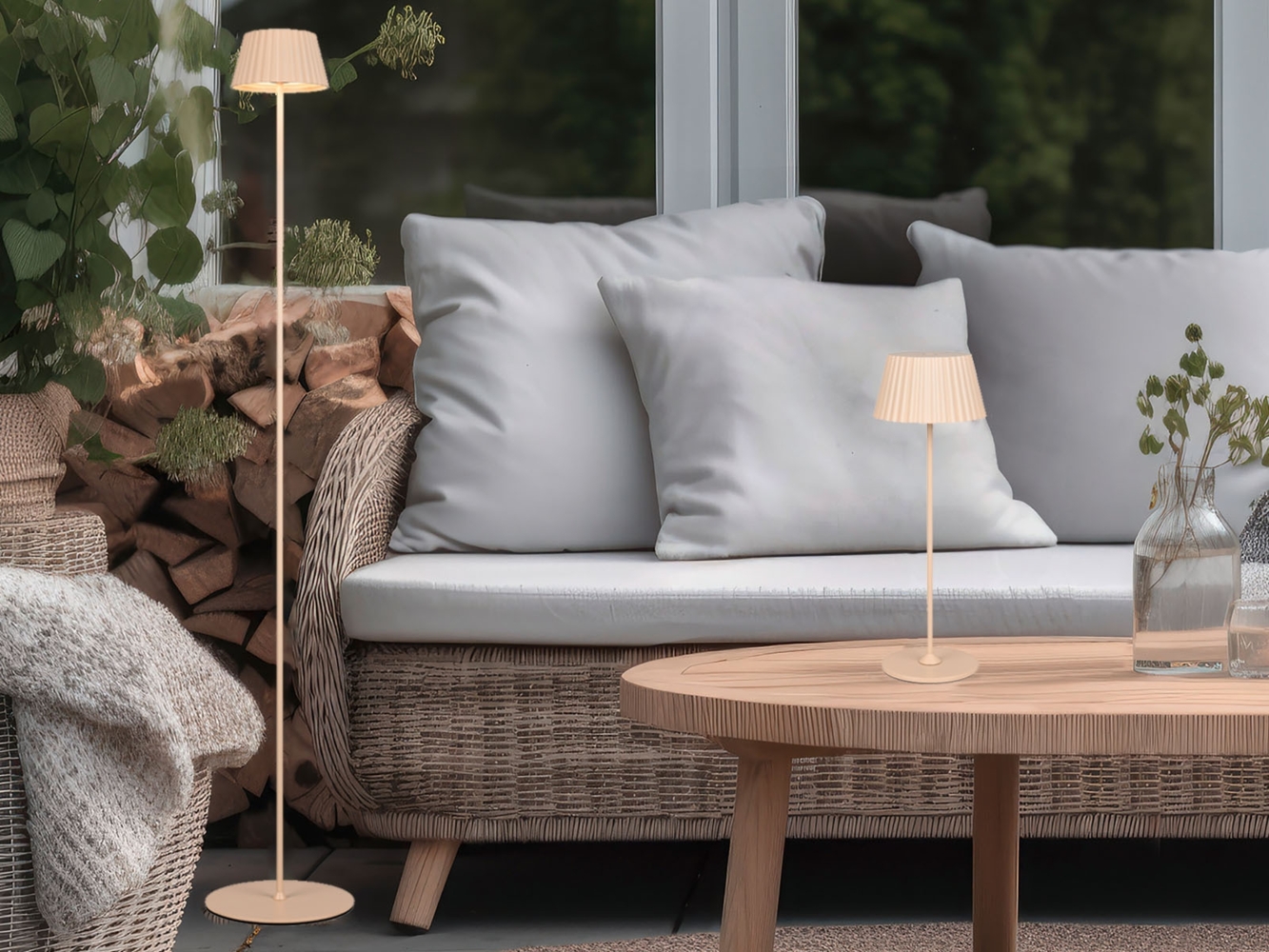 SET: Kleine Akku Stehlampe 123cm & Tischlampe 39cm für Outdoor kabellos Beige Bild 1