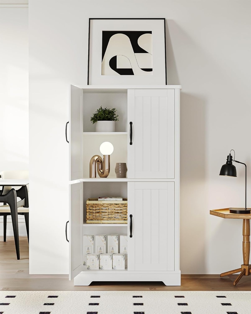 Badezimmerschrank, Aufbewahrungsschrank, Standschrank, Doppelstock mit 4 Türen, Verstellbare Einlegeböden, Multifunktionsschrank für Wohnzimmer, Küche, Schlafzimmer, Weiß Bild 1