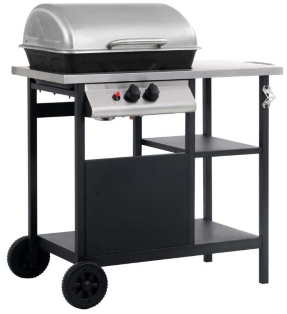 vidaXL Gasgrill, mit Beistelltisch auf 3 Ebenen, Stahl Schwarz und Silbern, 92 x 53 x 96 cm Bild 1