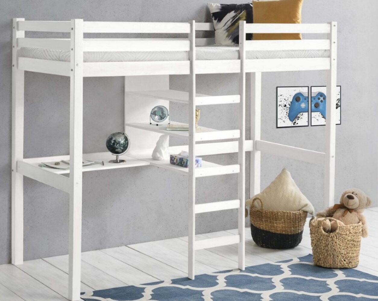 Homeline Etagenbett Hochbett mit Regal und Schreibtisch,massivholz, Etagenbett weiß Bild 1