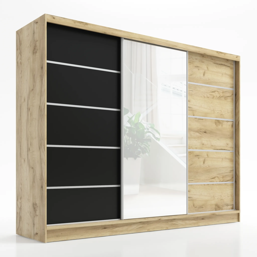 Schwebetürenschrank, 3-türig Schrank 200 cm mit Spiegel AURELIA 1. Farbe: Eiche Kraft gold, schwarz Bild 1