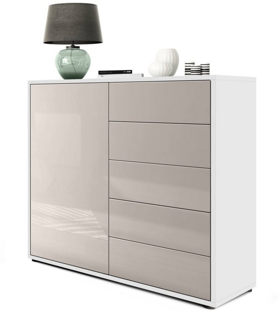 Vladon Sideboard Ben V2, Kommode mit 1 Tür und 5 Schubladen, Weiß matt/Sandgrau Hochglanz (79 x 74 x 36 cm) Bild 1