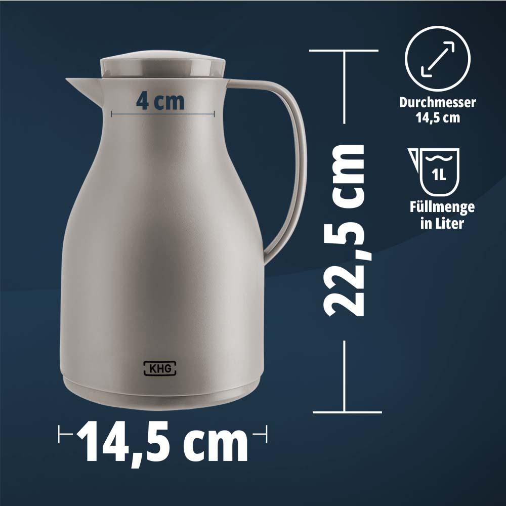 KHG Isolierkanne 1 Liter Sandgrau Beige, Quick Press & Drehverschluss, außen Kunststoff matt, innen Glas BPA-frei, Thermoskanne 1l für heiße & kalte Getränke mit präzisem Ausgießer Bild 1