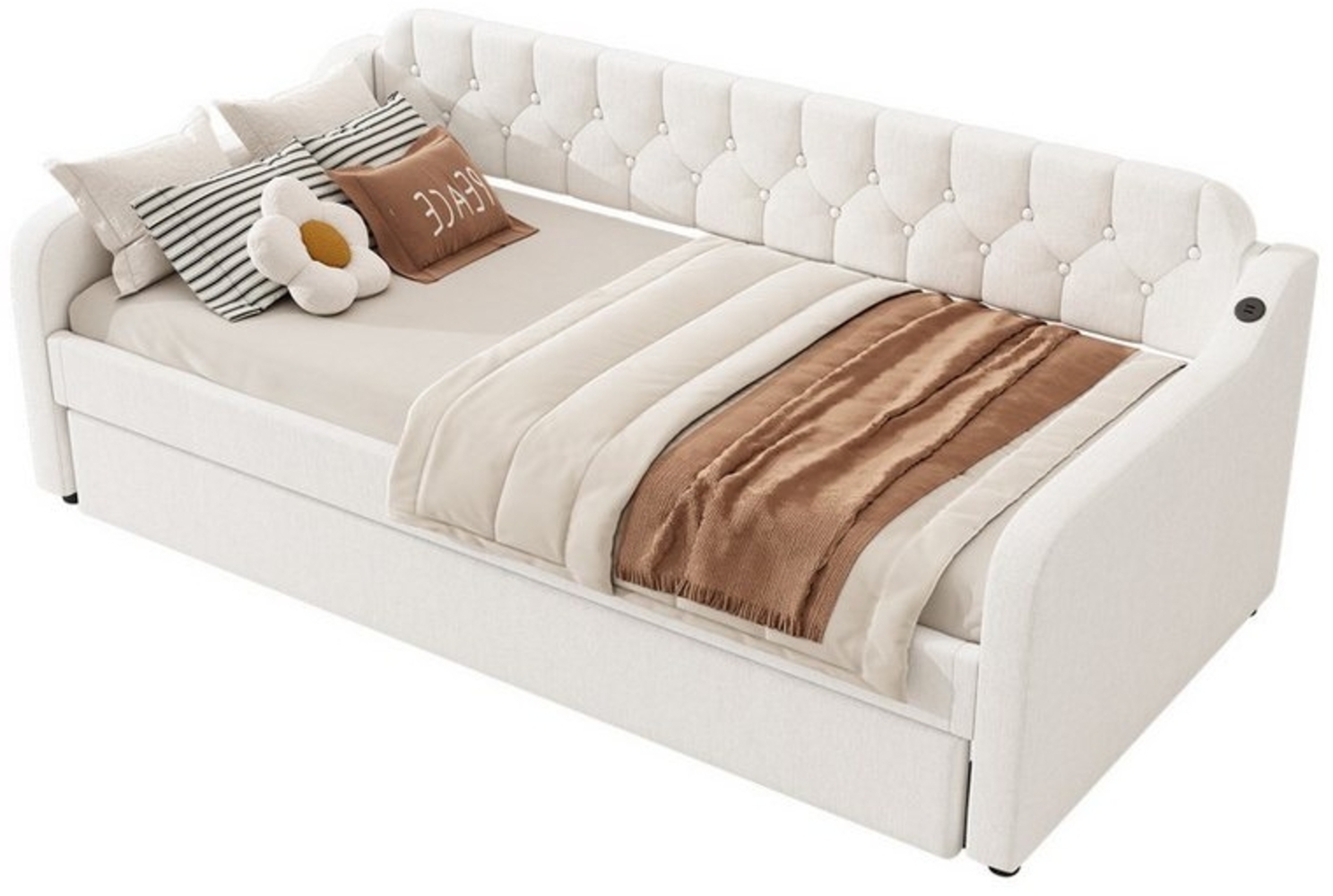 Flieks Daybett, Schlafsofa Tagesbett 90x200cm mit Ausziehbett und USB-Anschluss Leinen Bild 1