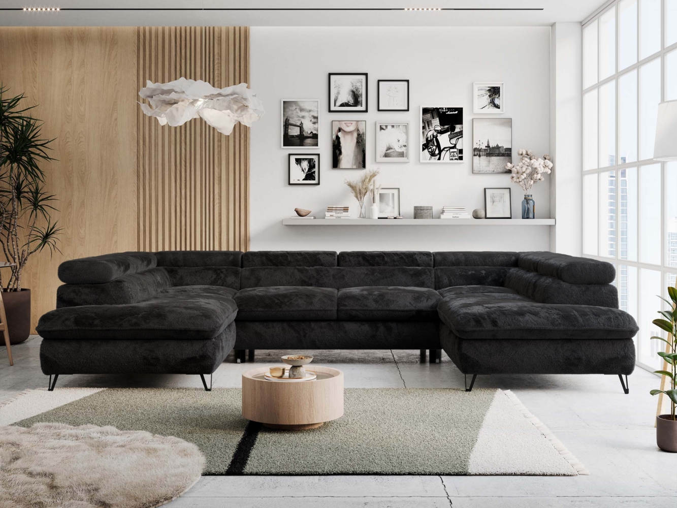 Ecksofa U-Form, mit Bettkasten, Bettfunktion und Einstellbare Kopfstützen, Sofa big XXL - PETER U - Schwarz Plüsch - Topper T25 Bild 1