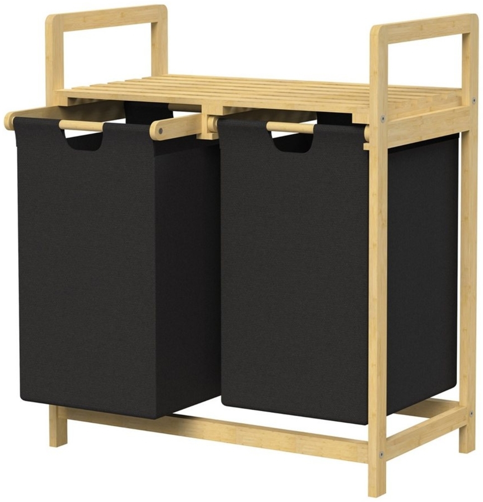 ML-DESIGN Wäschekorb Wäschebox mit 2 Fächern aus Bambus und Stoff für Badezimmer, Wäschesäcken 60L mit Stabiles Holzgestell Schwarz 73x63x33cm Bild 1