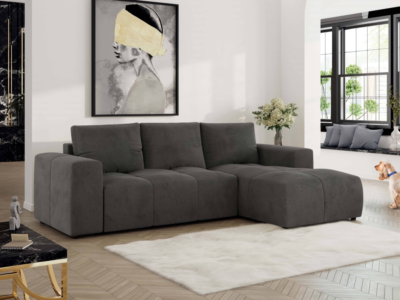 Ecksofa mit Schlaffunktion und Bettkasten, L-form Couch, lose Kissen, Polstersofa - MONIVA - Dunkelgrau Velours - rechte Seite Bild 1