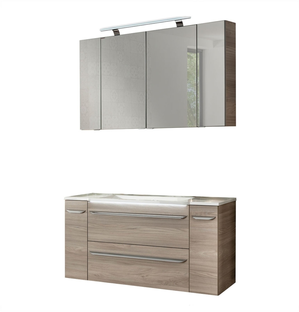 Fackelmann LUXOR Badmöbel Set 7-teilig 120 cm, Braun + LED-Spiegelschrank + Schränke verspiegelt + Unterschränke Bild 1