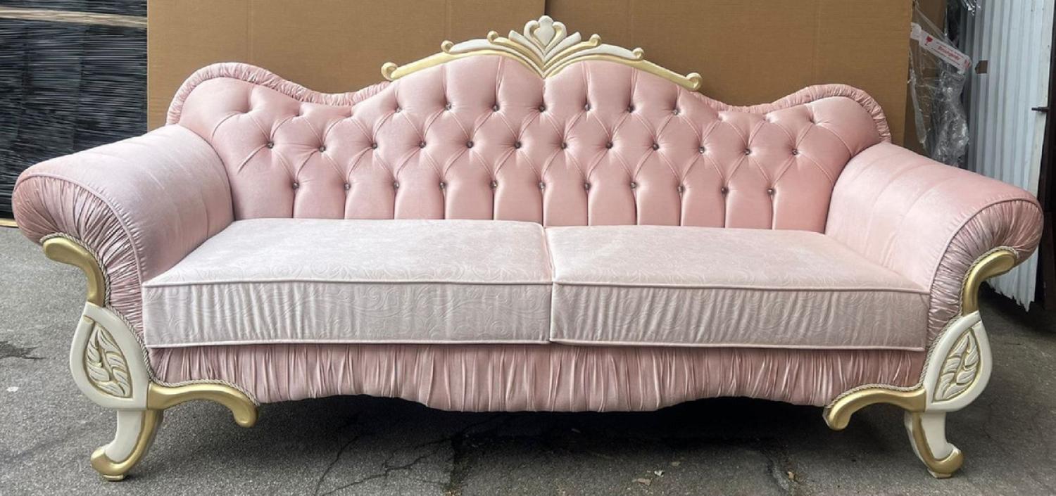 Casa Padrino Luxus Barock Sofa Rosa / Creme / Gold - Barockstil Wohnzimmer Sofa mit Glitzersteinen - Luxus Wohnzimmer Möbel im Barockstil - Barock Möbel - Barock Einrichtung Bild 1