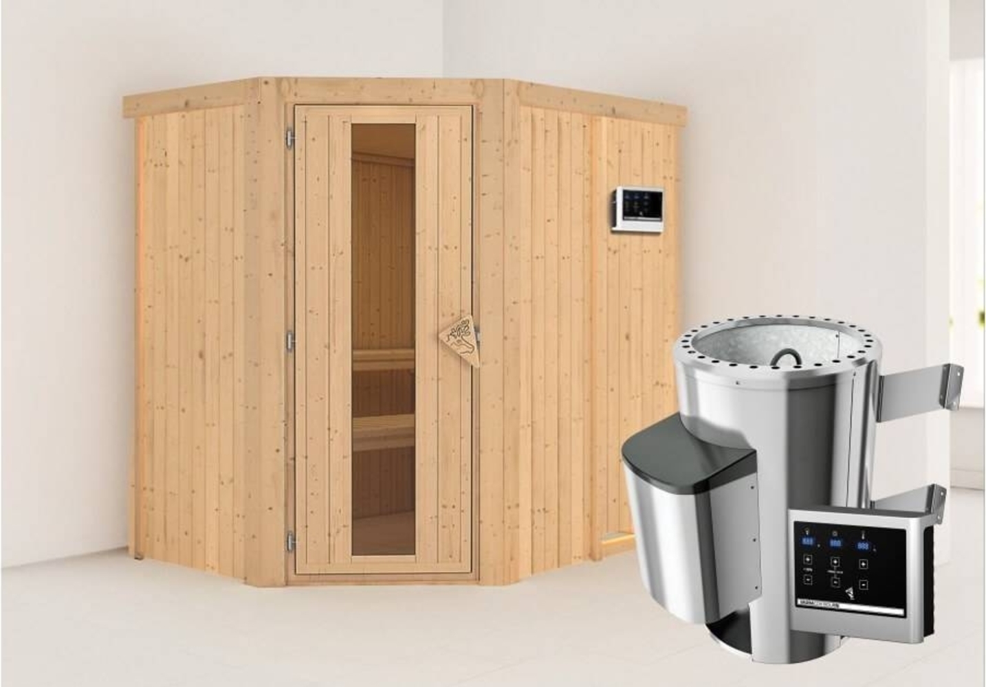 Karibu Sauna Saja + 3,6kW Plug&Play Ofen externe Steuerung Graphit-Ganzglastür Bild 1