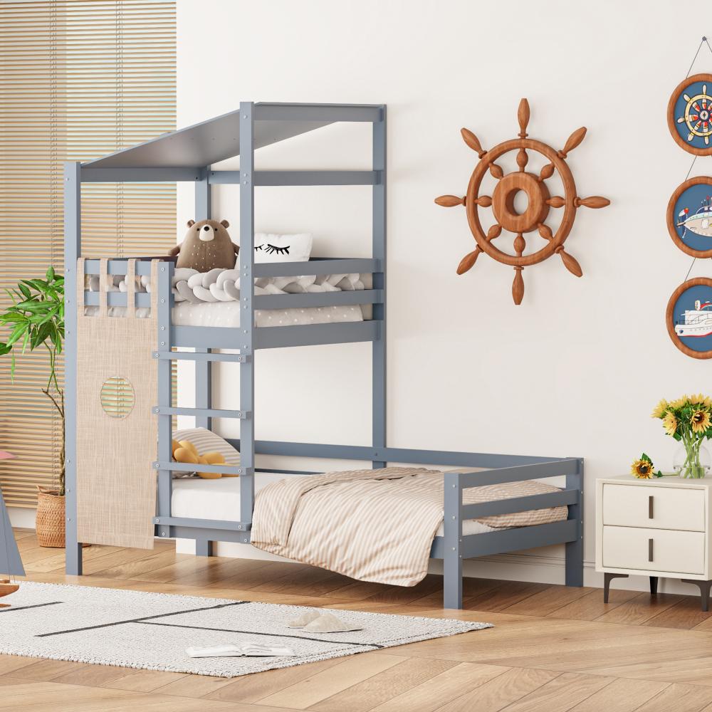 Merax Kinderbett 90x200 Etagenbett mit Dach Premium Massivholzbett mit Lattenrost Grau Bild 1