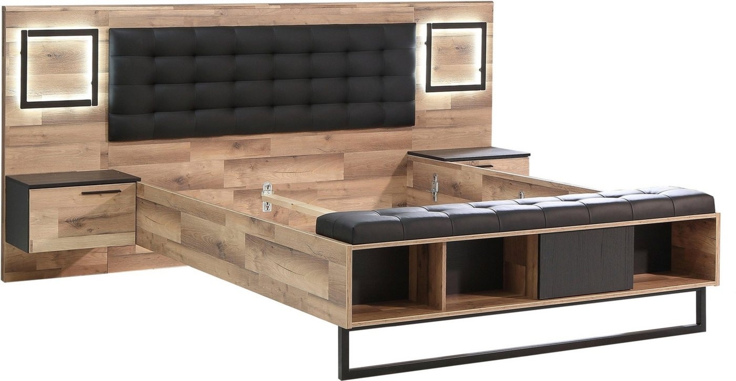 FORTE Sirius Crown Bett + Nakos mit LED Beleuchtung, Holzwerkstoff, Schwarz/Braun, 287 x 119,7 x 234,7 cm Bild 1