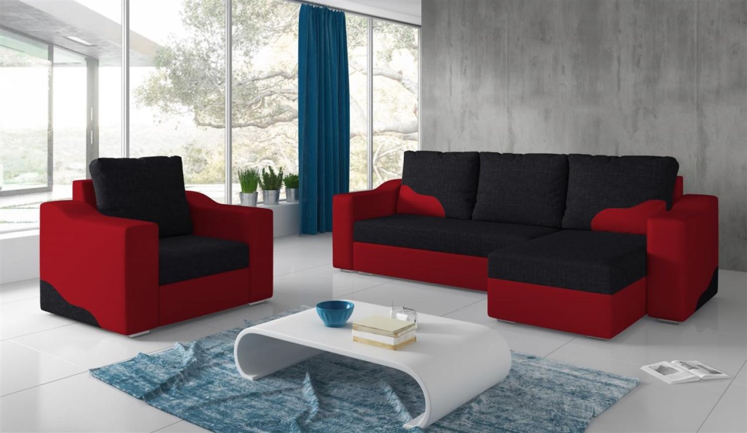 Ecksofa Set COLLIN Ottomane Rechts + Sessel Rot / Schwarz Bild 1