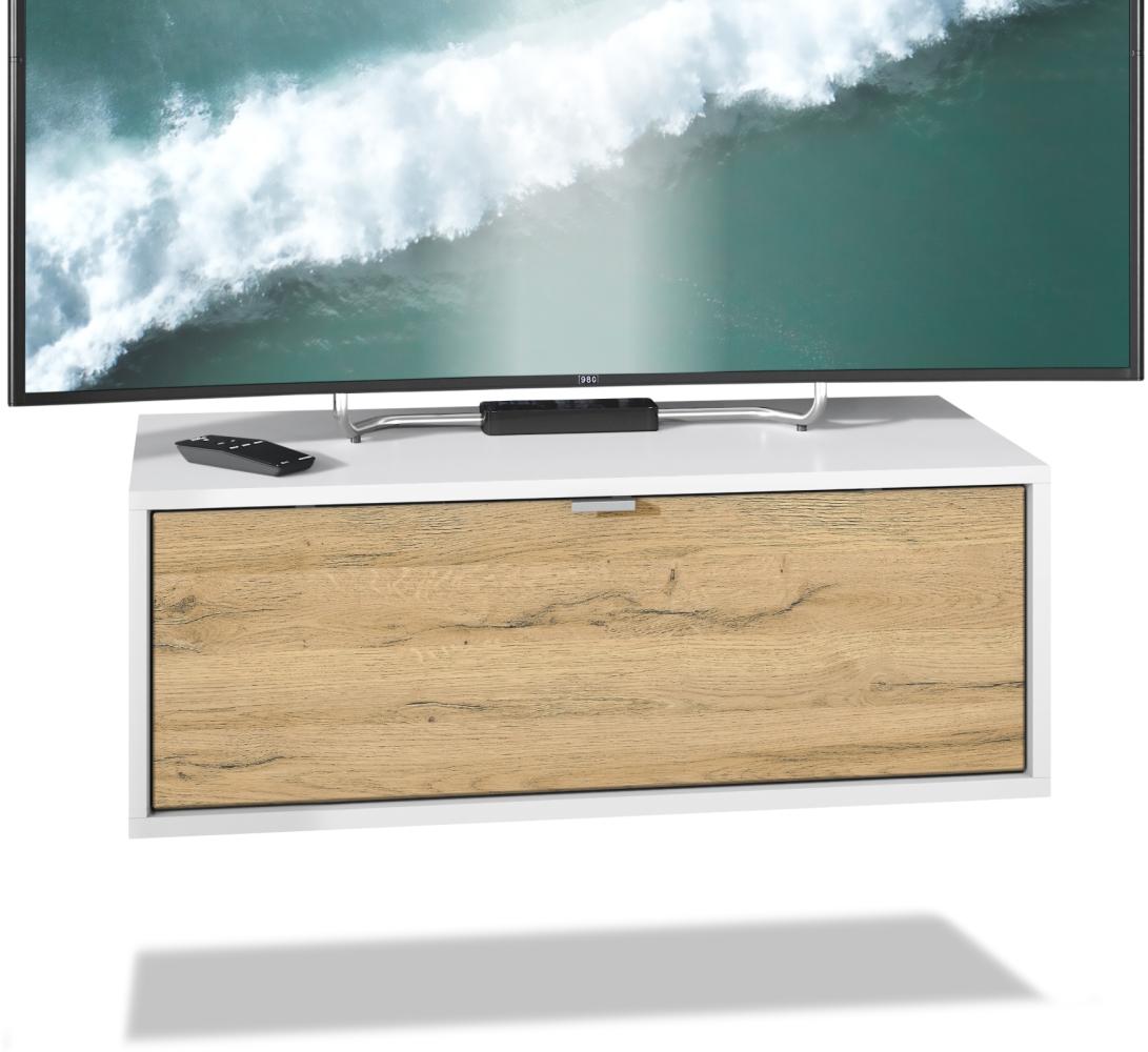 TV Board Lana 80 Hängeschrank Lowboard 80 x 29 x 37 cm, Korpus in Weiß Matt, Fronten in Eiche Natur Bild 1