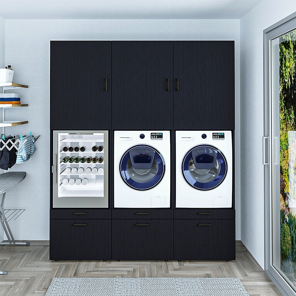 Roomart Schrankwand mit Schrankaufsätzen für Waschmachine & Trockner • 201 cm Breit • Schwarz eiche Bild 1