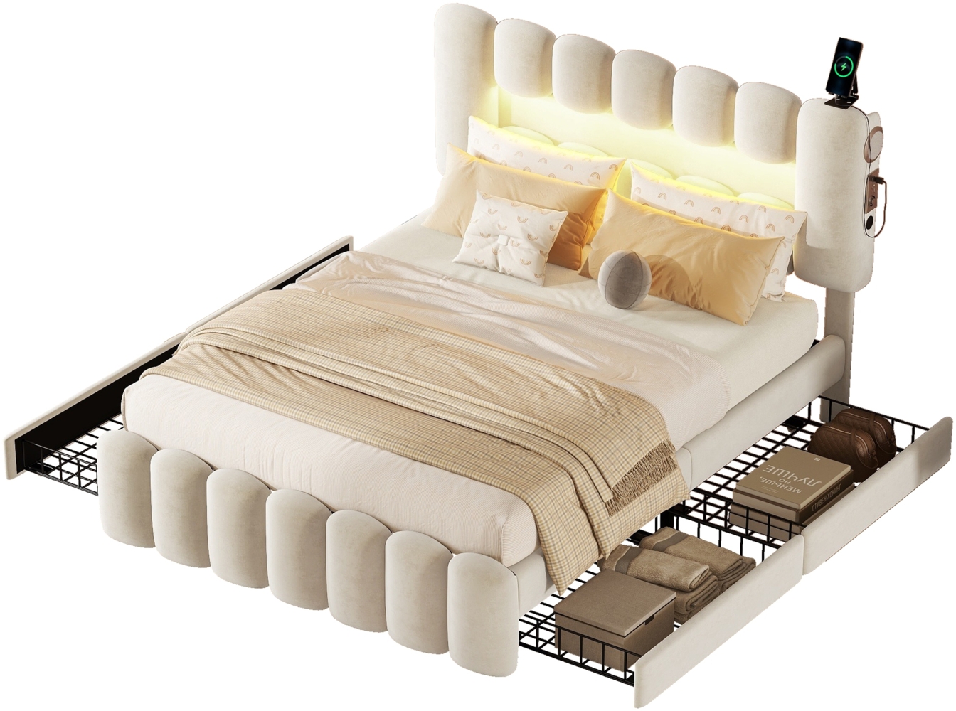 Merax Polsterbett LED Beleuchtung Doppelbett mit 4 Schubladen und USB-Aufladen 160x200cm, Samt, Beige Bild 1