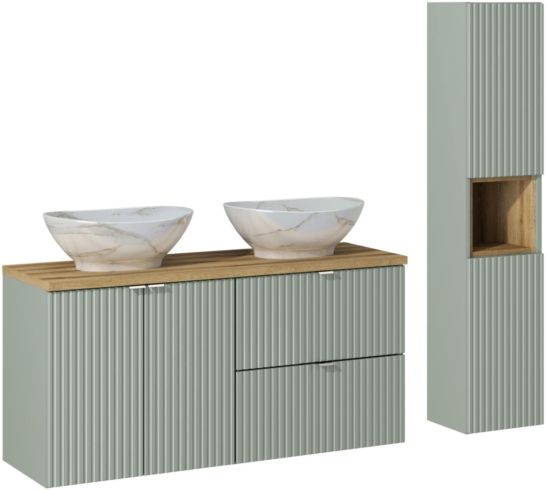 LINE REED GREEN Badmöbel-Set 120 cm mit einer Waschtischplatte, 2 Pati-Aufsatzwaschbecken und einem Hochschrank (40x120cm), Reed Grün,Eichenküste Evoke Bild 1