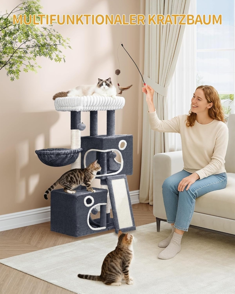 Kratzbaum, 98cm Kleiner Katzenbaum, Geräumiges und Stabile, mit Weiche Große Plattform, Plüschbälle, Höhlen, Kratzsäulen, Katzenkratzbrett, Dunkelgrau Bild 1