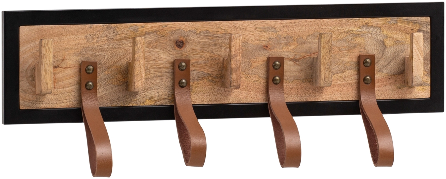 Wandgarderobe Mango Massivholz / Echtleder 60 x 15 x 6 cm, Hakenleiste für Jacken, Schals und Mützen, Flurgarderobe mit Metallrahmen, Garderobe Wand Holz mit Schlaufen Bild 1