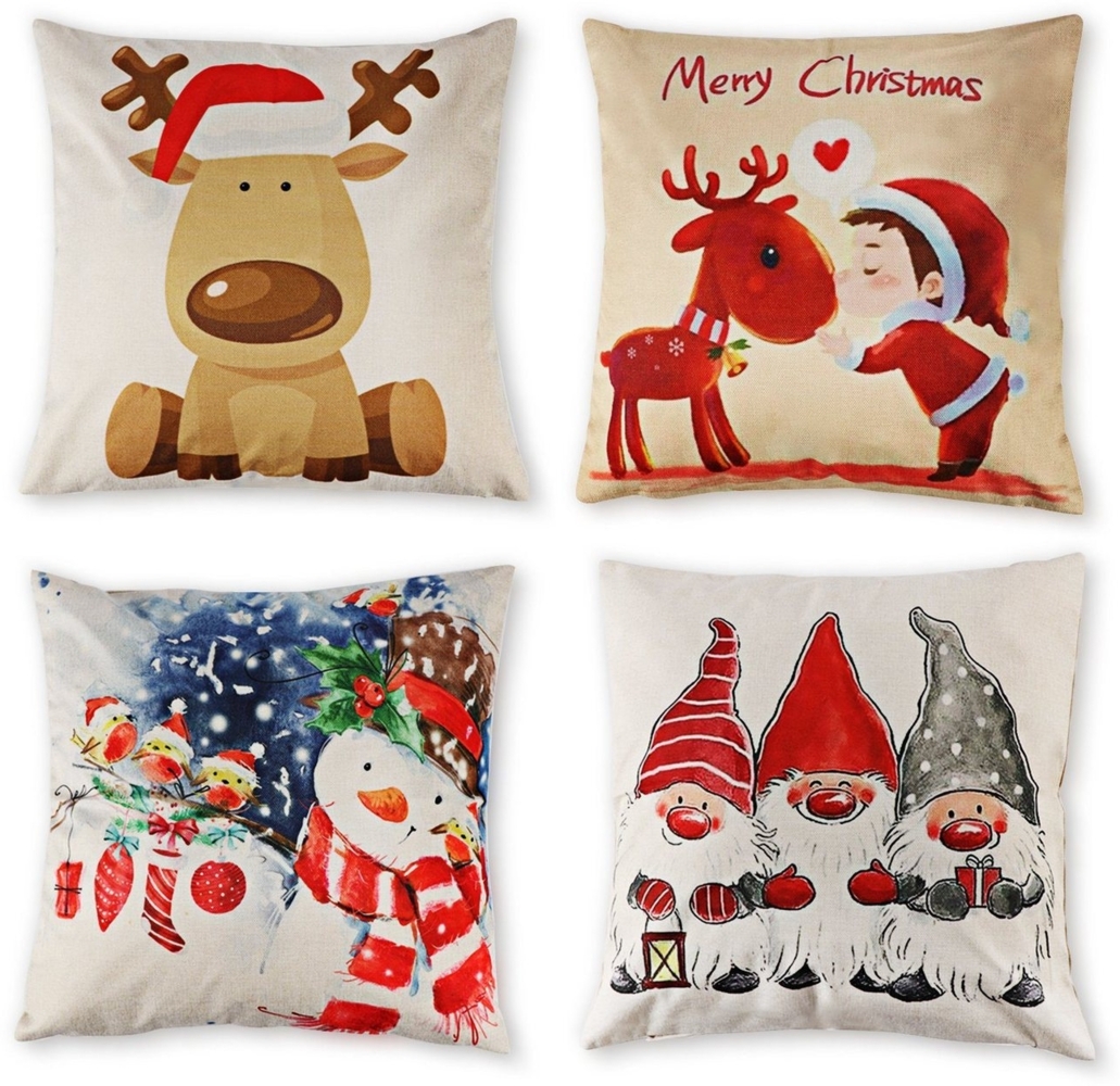 ElitVita Kissenbezüge 4tlg 45x45cm Weihnachtskissenbezüge Leinen Bezüge mit Reißverschluss, (4 Stück), Weihnachtsdeko für Kissen Zimmer Sofa Bild 1