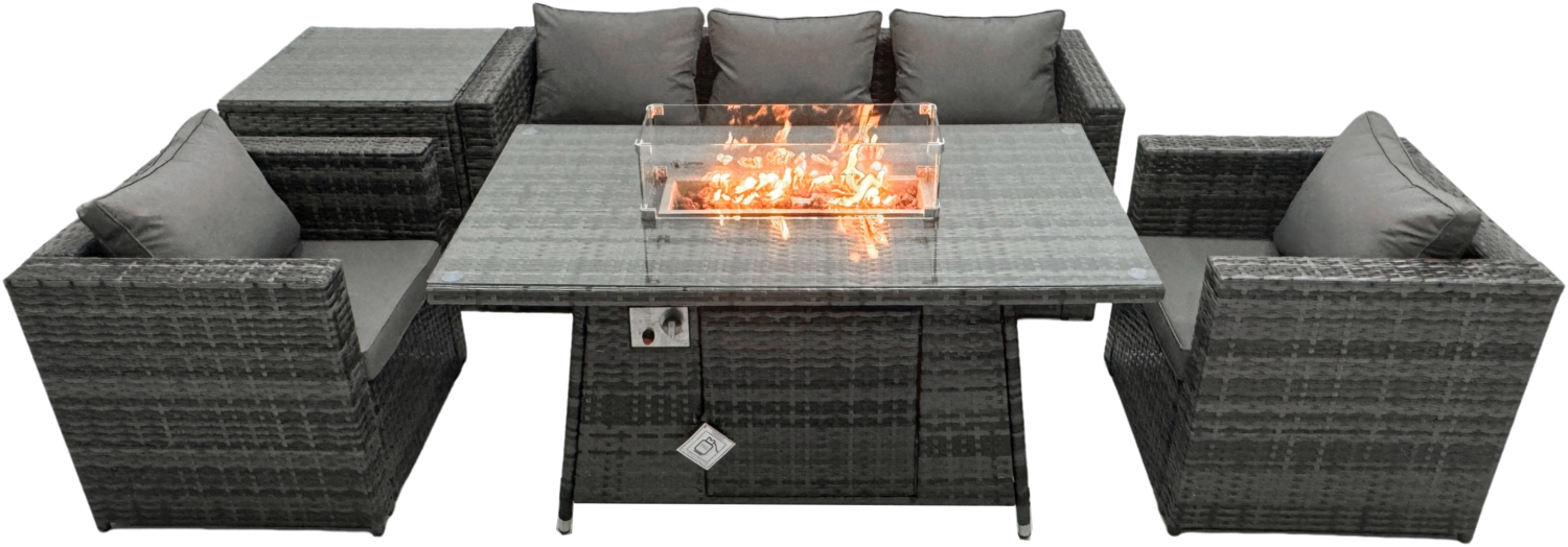 Fimous Outdoor Poly Rattan Gartenmöbel Gas Feuerstelle Esstisch Set Sessel mit Beistelltisch Dunkelgrau Gemischt Bild 1