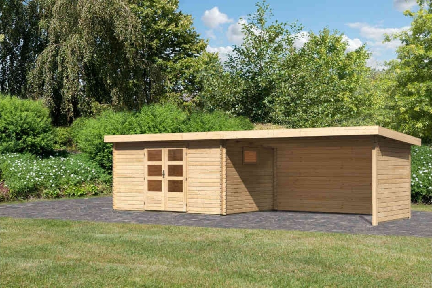 Blockbohlengartenhaus Trittau 5 - 769x297 cm mit Anbaudach 4,40 m, mit Seiten- und Rückwand, 38 mm Holz naturbelassen, Karibu Bild 1