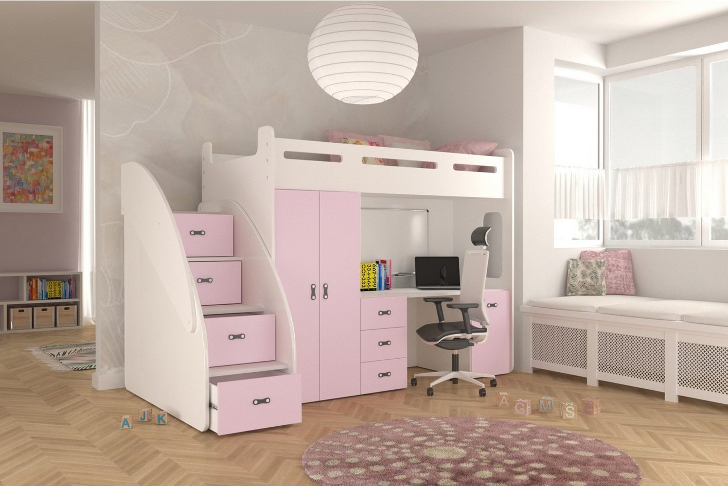 AJKmeble Hochbett Etagenbett 80x200cm mit Treppe, Schrank und Schreibtisch Hochglanz (MADE IN EU - wählbar in Farben weiß, blau, grün, rosa oder grau, für Jungen und Mädchen, Jugendbett) Kleiderschrank, Kinderzimmer, 3 in 1, 180cm x 130cm x 259cm Bild 1