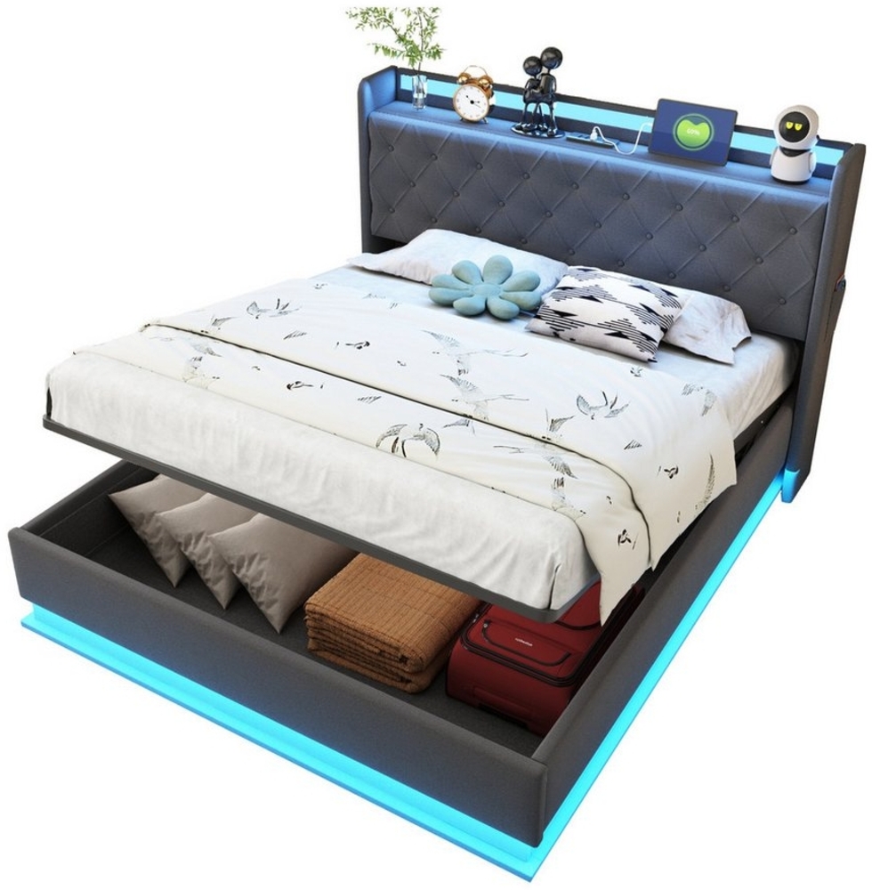 OKWISH Polsterbett Funktionsbett mit USB-Ladeanschluss und Hydraulischer Lagerung (Hautfreundlicher Leinenstoff 140x200 cm), ohne Matratze Bild 1