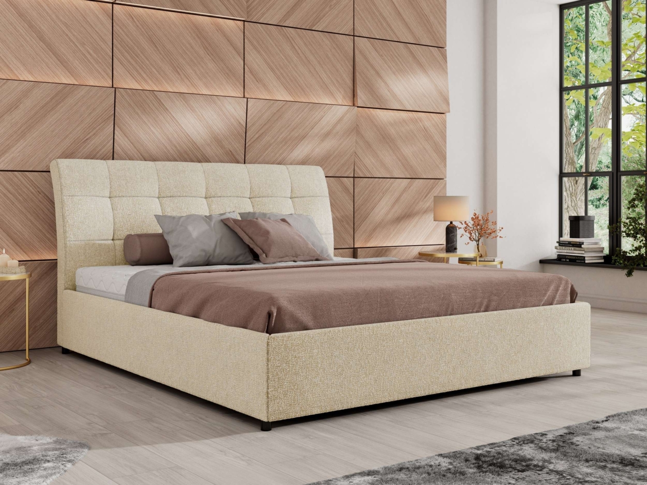 Polsterbett mit Lattenrost Gasfeder Doppelbett GALA CLASSIC gepolstert Kopfteil Bettkasten Multipocket Matratze - 180x200 cm - Creme Strukture - ELORI LUX Bild 1