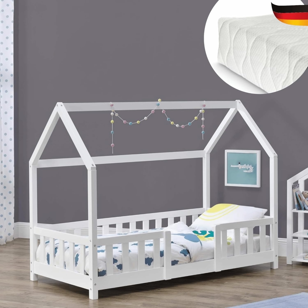 DELUKE® Kinderbett 70x140 cm LULO - Inkl. Matratze Lattenrost Rausfallschutz Einzelbett Hausbett Kinderzimmer Bodenbett Kinder Bett Klein Montessori Bett Weiß Bild 1