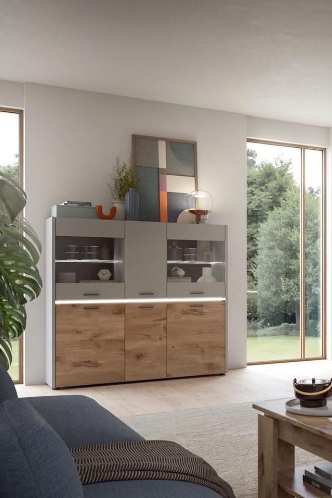 INOSIGN Highboard Spezia, Höhe 131cm, in Hellgrau, 2 Glastüren, 2 Glasböden, 12 Fächer, Hochschrank, Anrichte, Barschrank, Esszimmer-Schrank, Vitrine Bild 1