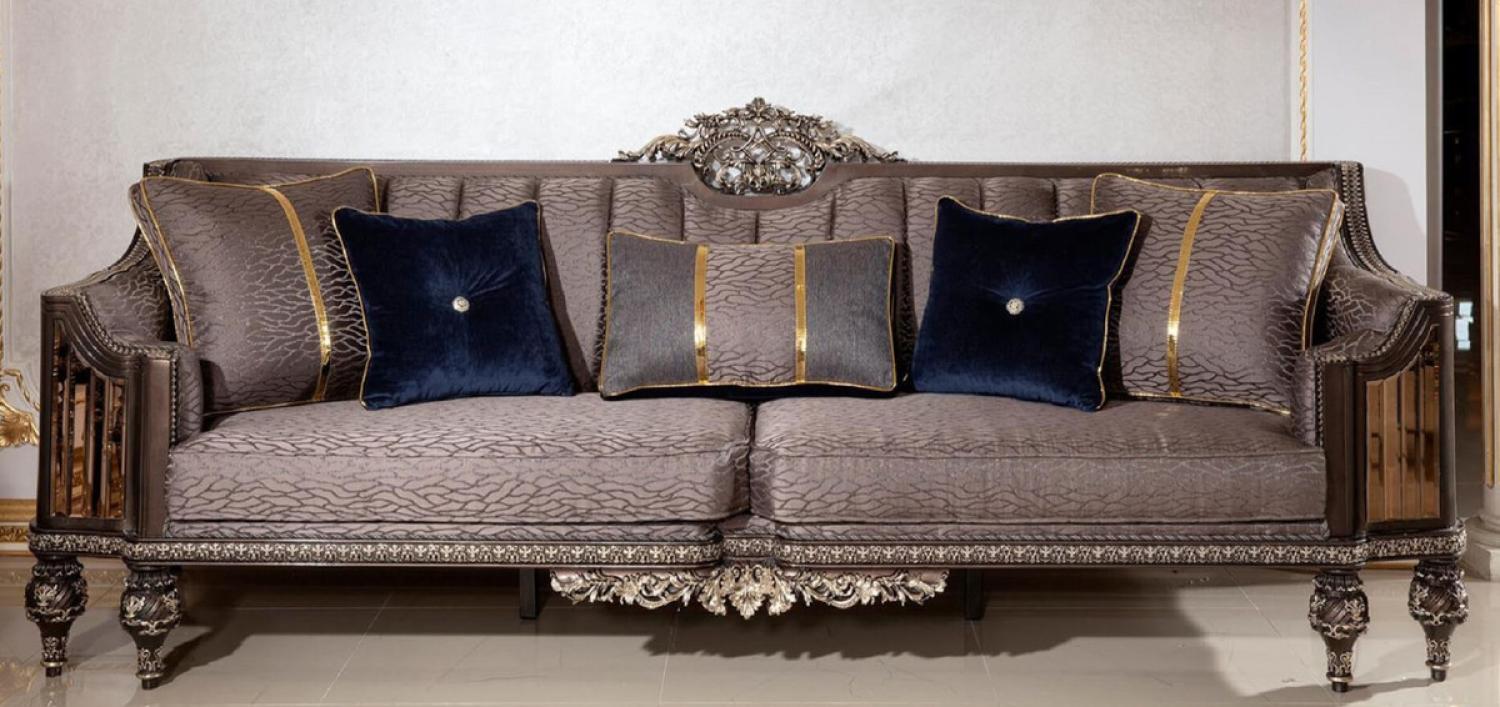 Casa Padrino Luxus Barock Sofa Grau / Dunkelbraun / Gold - Prunkvolles Wohnzimmer Sofa mit elegantem Muster - Barock Wohnzimmer & Hotel Möbel - Edel & Prunkvoll Bild 1