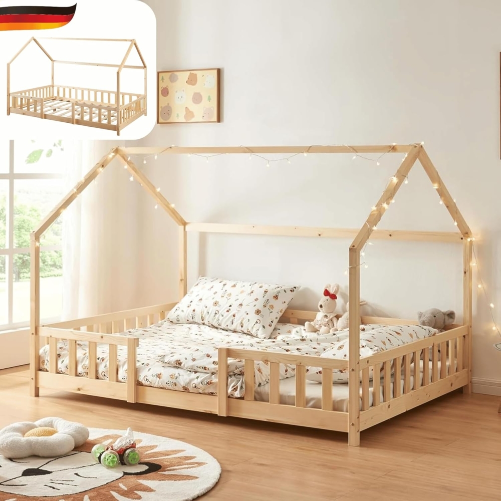 DELUKE® Kinderbett 120x200 cm LULO - Inkl. Lattenrost Rausfallschutz Einzelbett Hausbett Kinderzimmer Bodenbett Kinder Bett Klein Montessori Bett Braun Bild 1