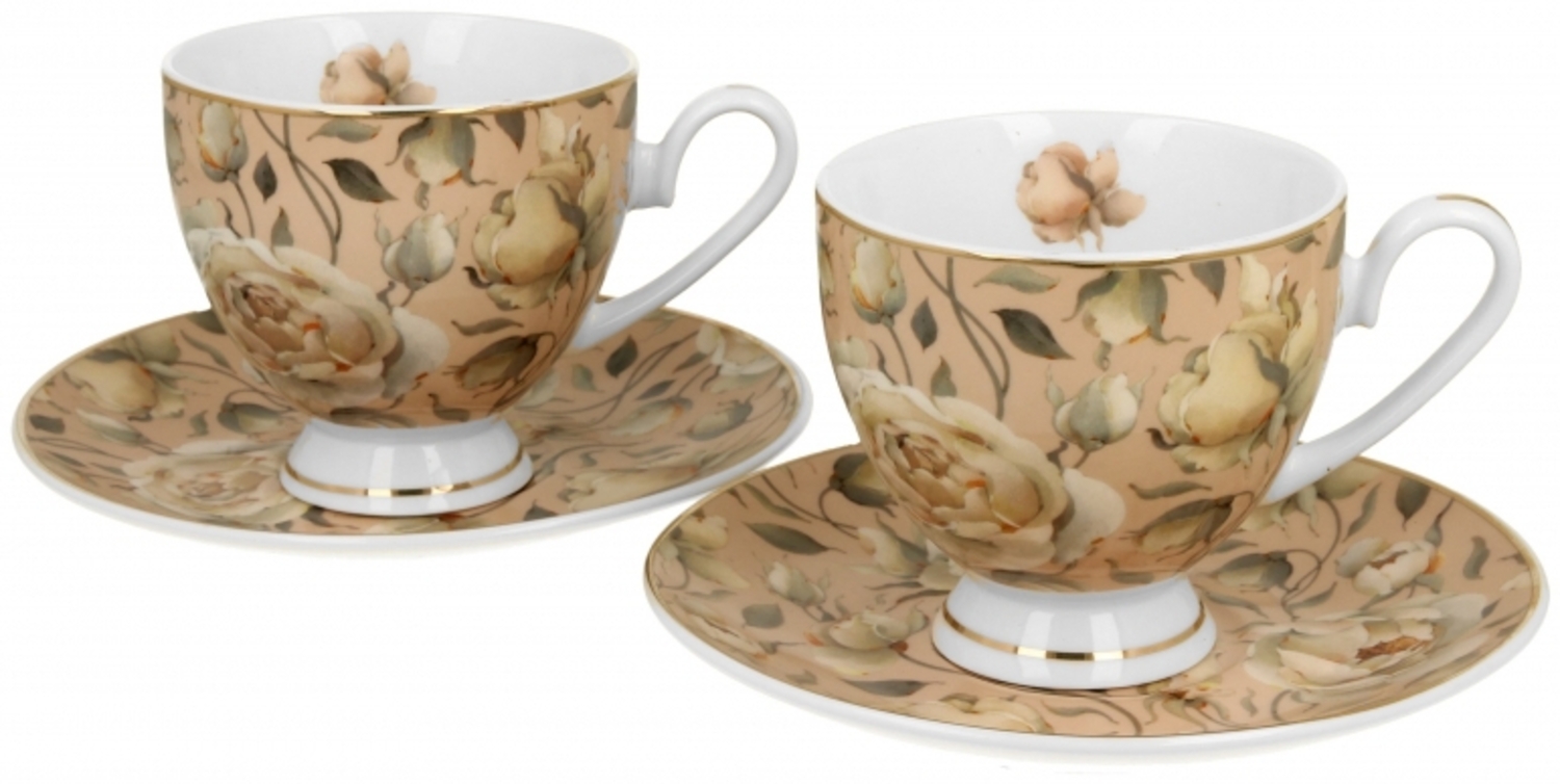 DUO GOLDEN LINE 2er Set Tassen mit Untertassen 220 ml ENGLISH ROSES CREAM, New Bone China Porzellan Bild 1