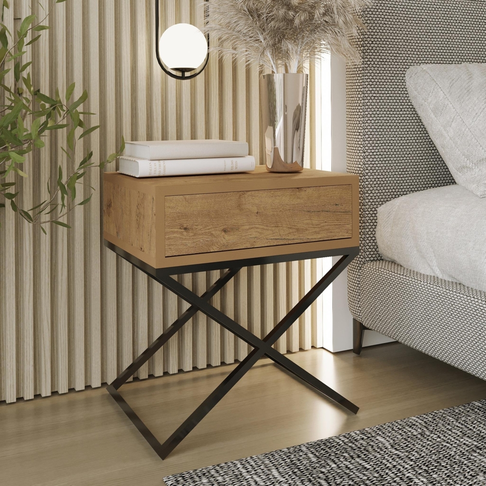 AX LIVING Nachttisch modern Aleio X 45 Eiche Wotan, schwarzes Gestell Bild 1