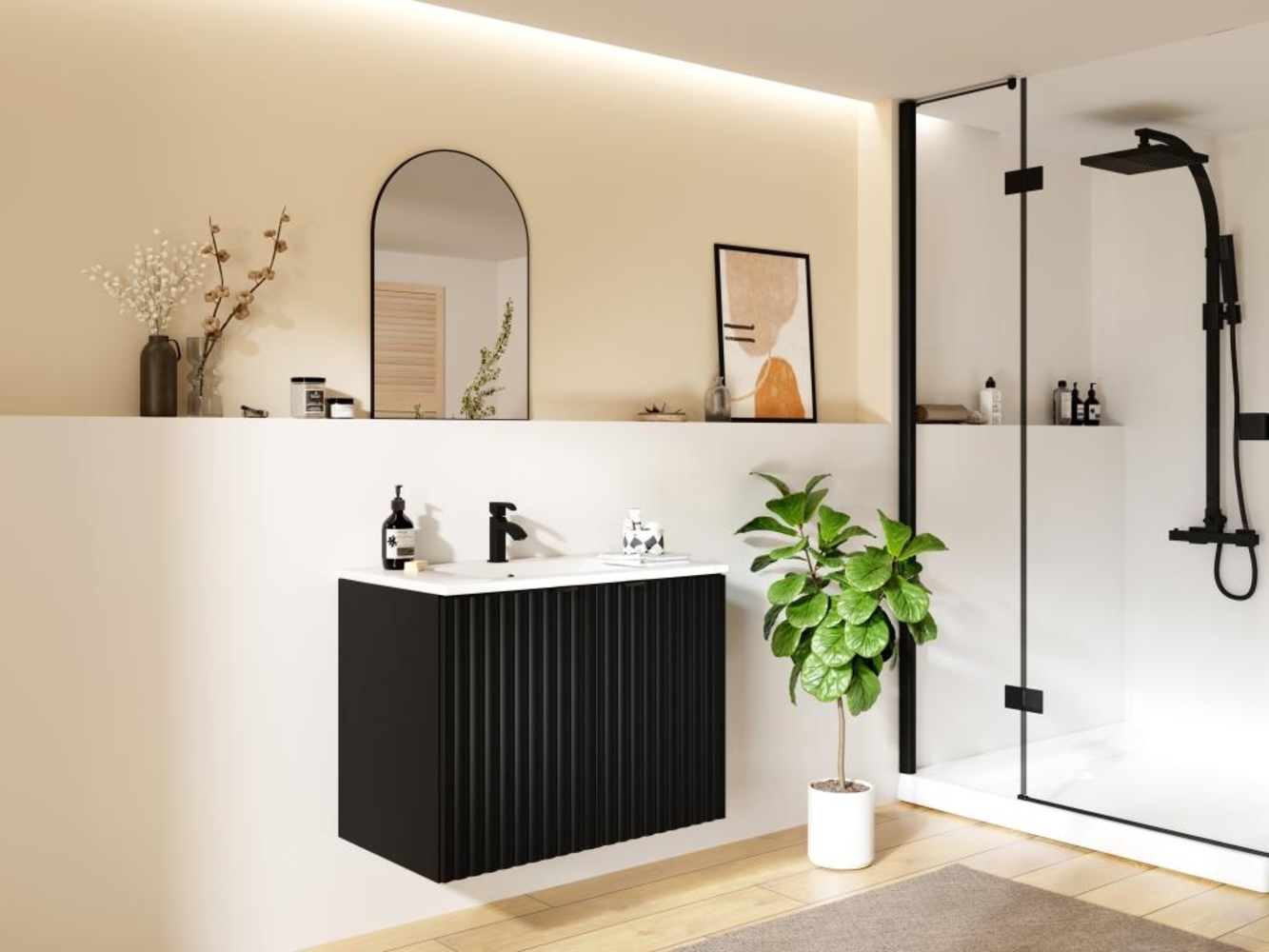 Vente-unique - Waschbeckenunterschrank hängend mit Einbauwaschbecken - Streifenoptik - Schwarz - 80 cm - ZILGA Bild 1