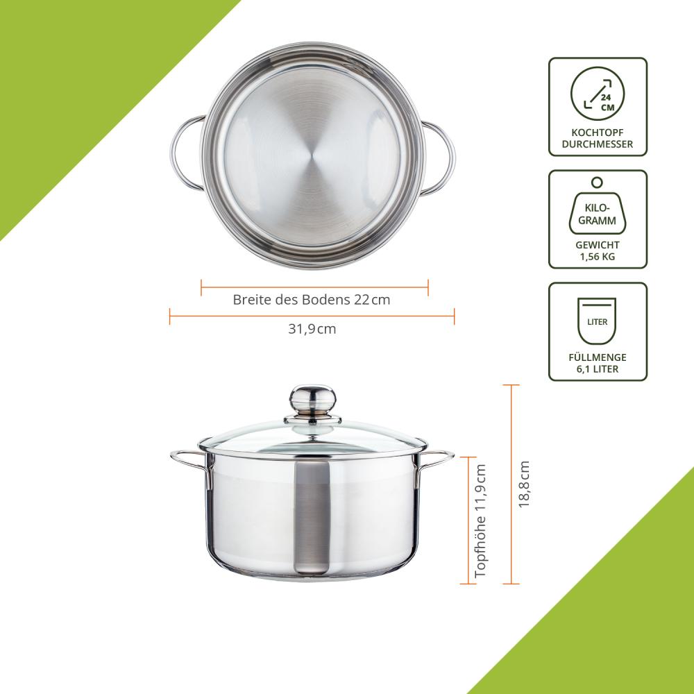 Level One Topf Edelstahl 24 cm Kochtopf Induktion 6,1 Liter Fleischtopf & Bratentopf mit Glasdeckel für den Backofen, rostfreier Edelstahl, für alle Herdarten geeignet Bild 1