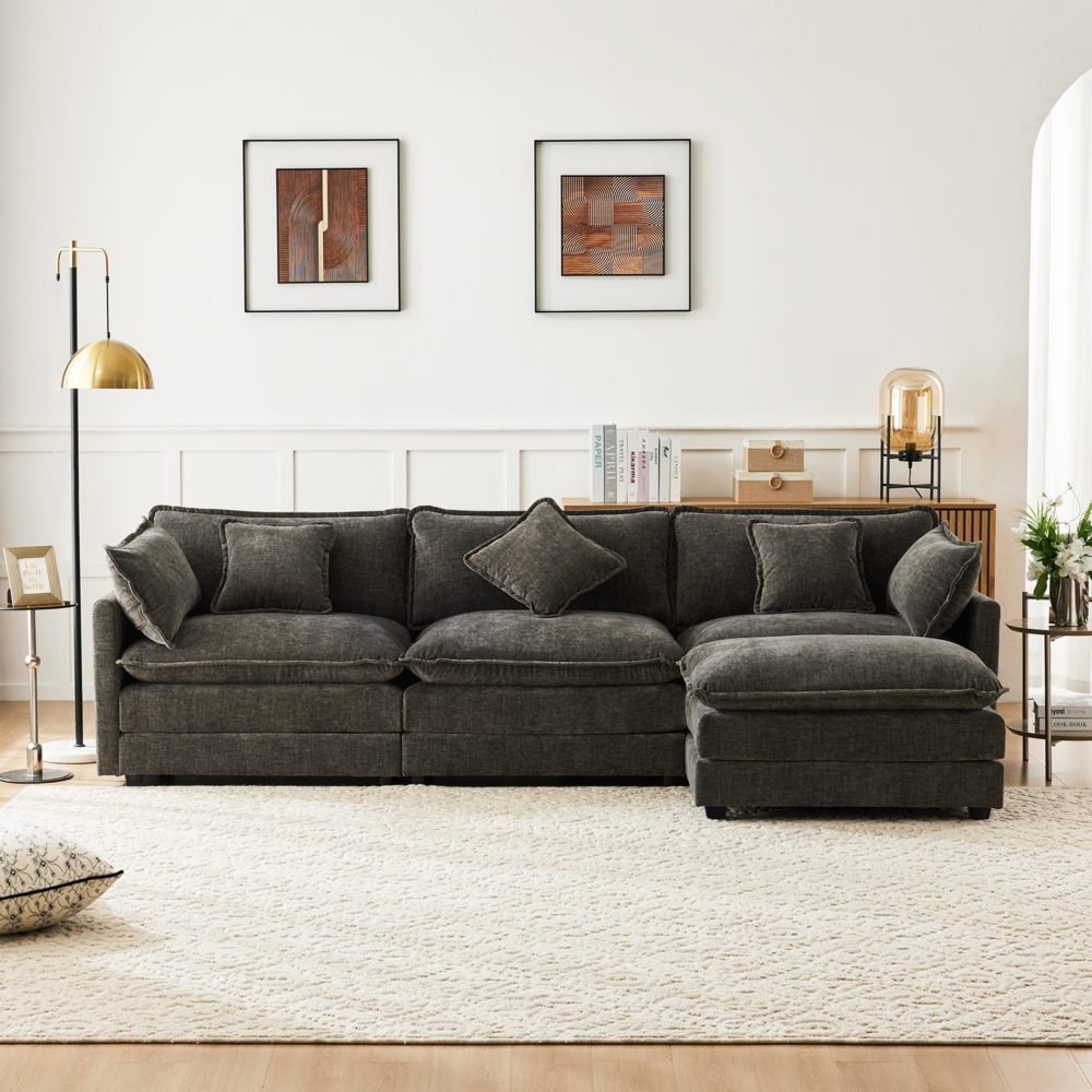 L-förmiges Ecksofa 283x147x84 cm Dark Gray, mit Chenille-Bezug & beweglichem Fußhocker Bild 1