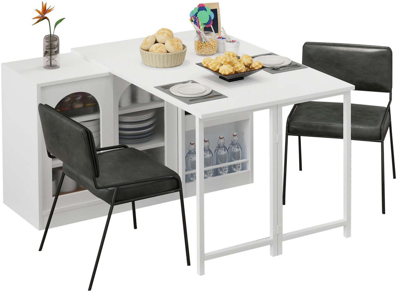 Merax Moderner Bartisch, Ausziehbar 360° Drehbare Bartisch Mit Stauraum, Reversibel Tisch Sideboard Bar Mit Glasschranktür, Bar Tisch Für Küche Kaffeebar Möbel, Weiß Bild 1