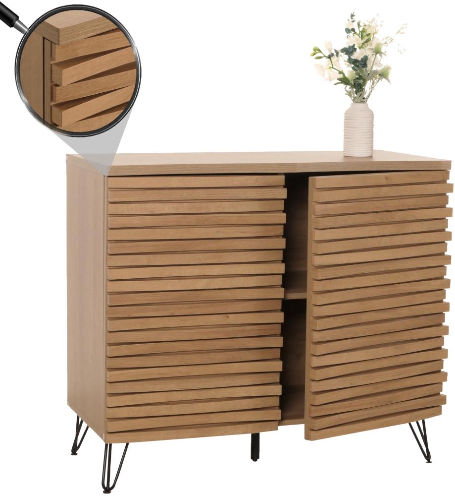 Kommode HWC-M49, Schrank Sideboard Highboard, 3D-Design Staufächer, Massiv-Holz Mango Metall 85x95x45cm ~ natur Bild 1