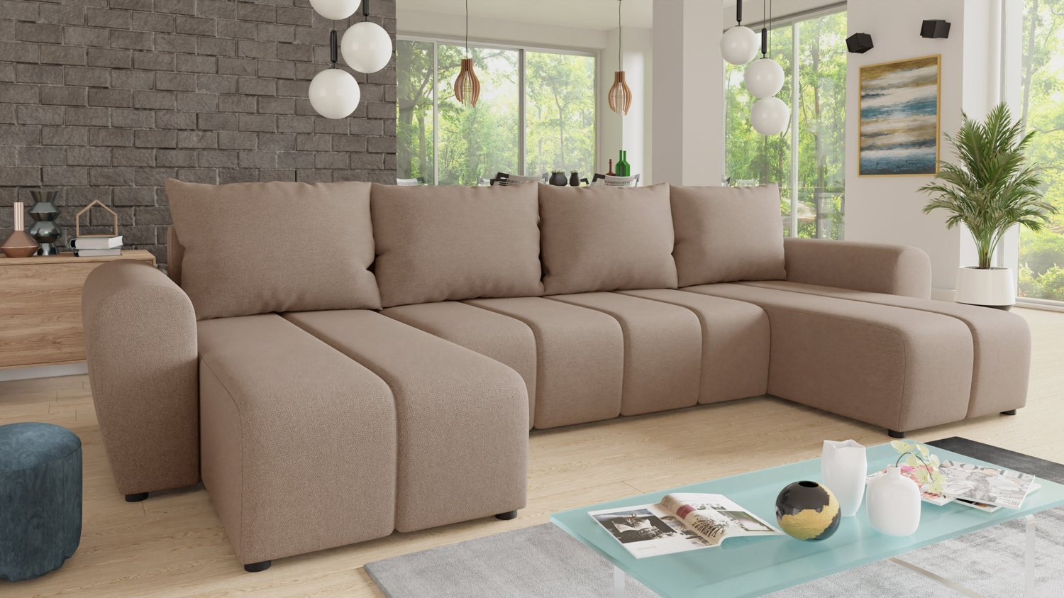 Wohnlandschaft Cleo U mit Schlaffunktion - U-Form Couch, Ecksofa mit Bettkasten, Couchgranitur mit Bettfunktion, Polsterecke, Big Sofa (Beige (Soro 23)) Bild 1