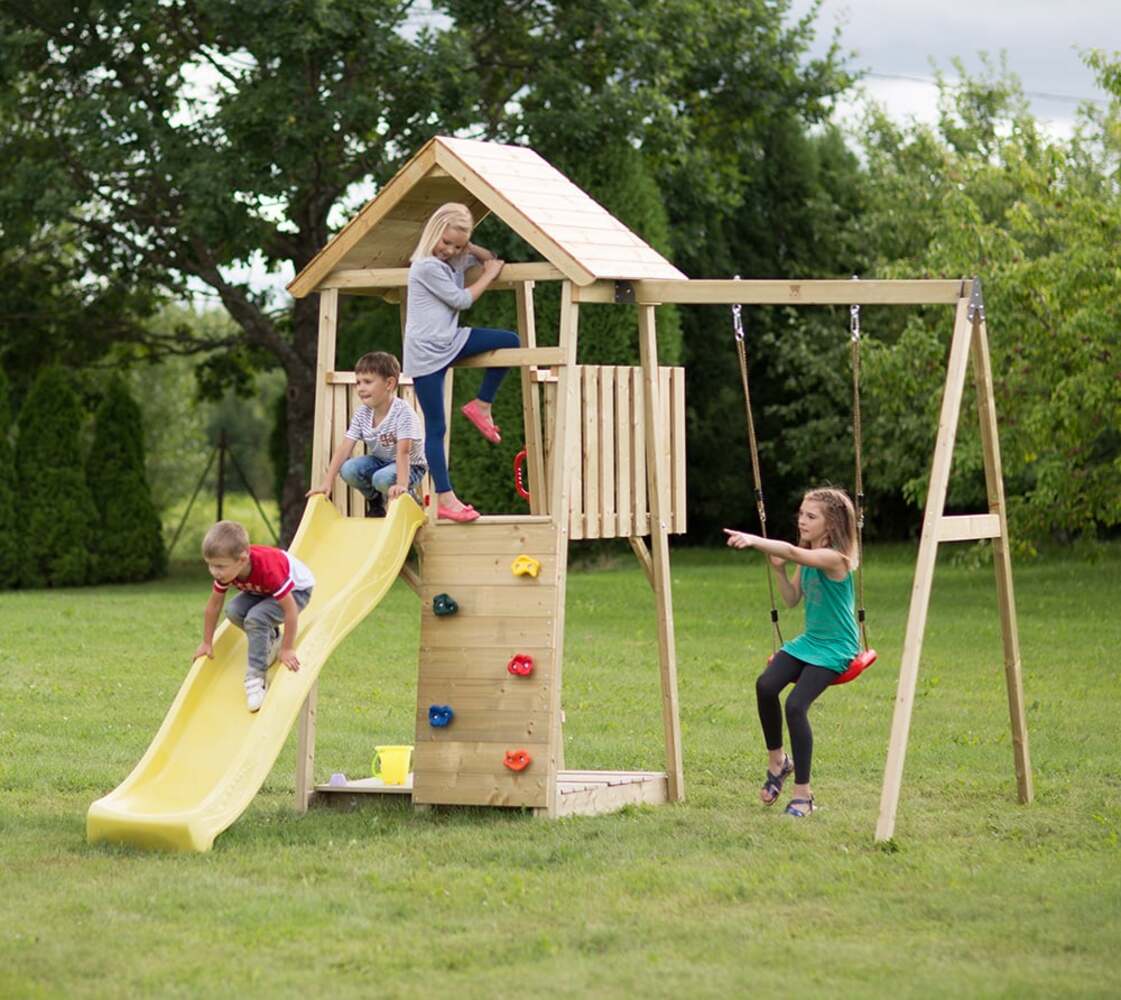 Wendi Toys Holz Spielturm Biene | inkl. Rutsche, Kletterwand, Schaukel & Sandkasten | Natur | 280x270x270 cm Bild 1