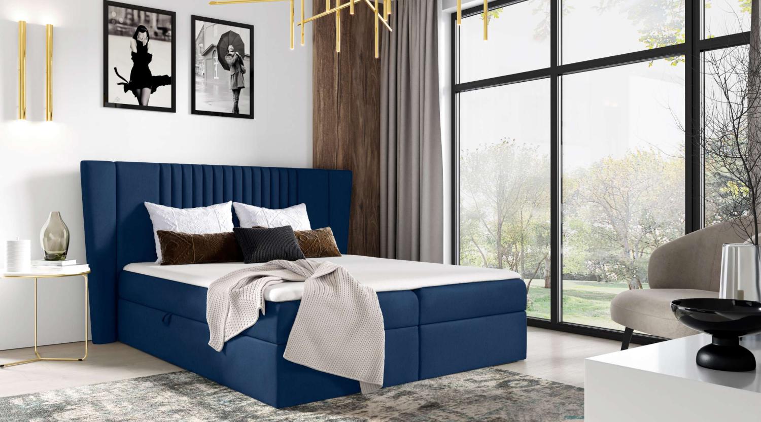 99rooms Orlando Boxspringbett 200x200 cm Velours MONOLITH Dunkelblau Bild 1