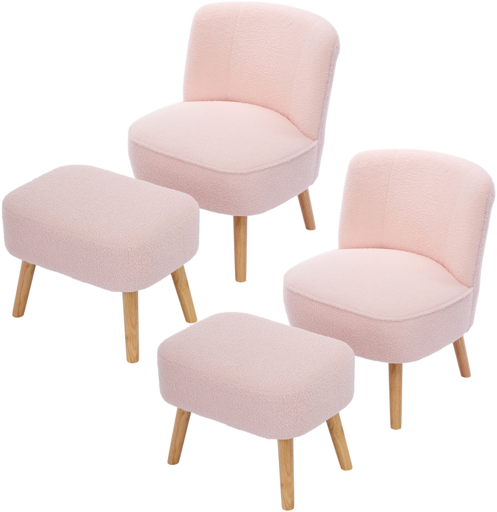 Merax Loungesessel mit hocker (Zwei im Set) , Sessel ohne Armlehnen, gepolsterte Sitzfläche, Teddy-Samtstoff, Beine aus Massivholz, rosa Bild 1