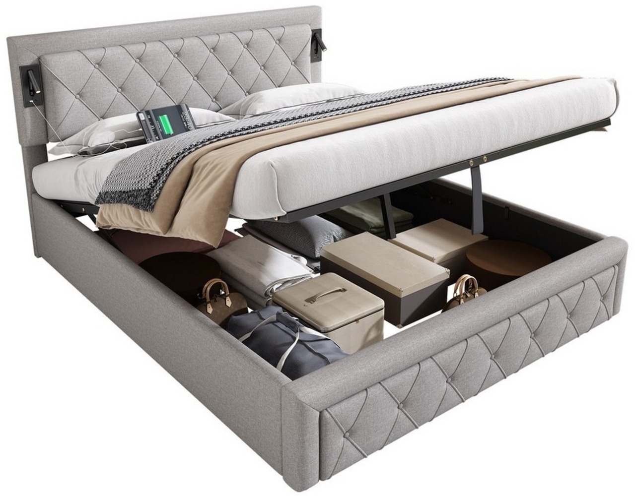 Ulife Boxspringbett Polsterbett mit USB-Schnittstelle und Schlafzimmerleuchte (1-St, Ohne Matratze), mit Lattenrost und Rautenstreifen-Kopfteil 160*200cm grau Bild 1