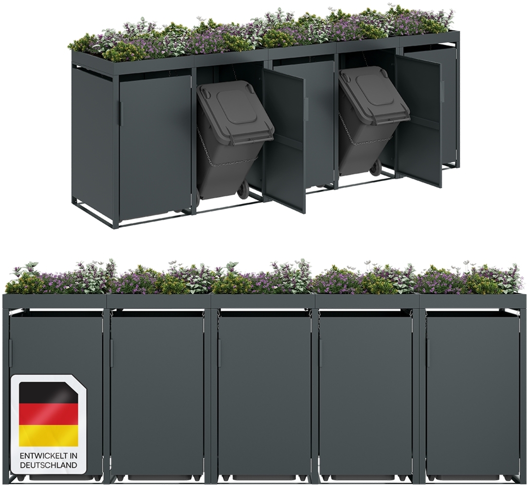 STEELSØN 'Thoria' Mülltonnenbox für 5 Tonnen je 240 Liter, anthrazit, Mülltonnenverkleidung aus Stahl, wetterfest, 125x80x337 cm, Müllbox mit Pflanzendach Bild 1