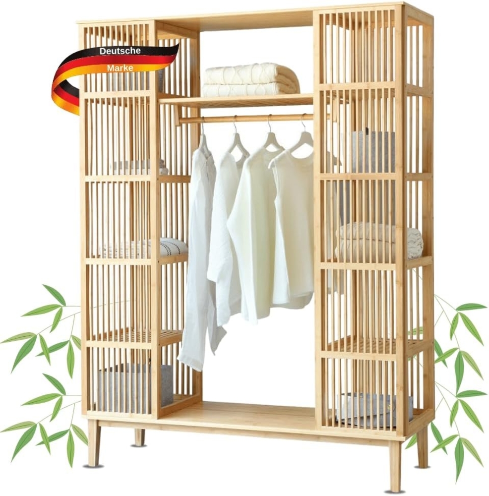 DELUKE® Kleiderschrank Bambus VISKINA - 185 x 140 x 45 cm 10 Fächer Garderobenständer Holz Kleiderständer Bambus Freistehende Garderobe mit Kleiderstange Offener Kleiderschrank Bild 1